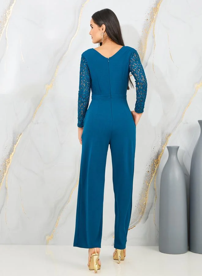 Styli Lace Cut Out Detail Sleeves Wide Leg Jumpsuit with Chain Accent