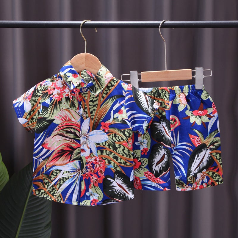 Childrens flower shirt suit small and medium-sized boys full print short sleeve T-shirt two-piece set Southeast Asian style childrens clothing wholesale Blue