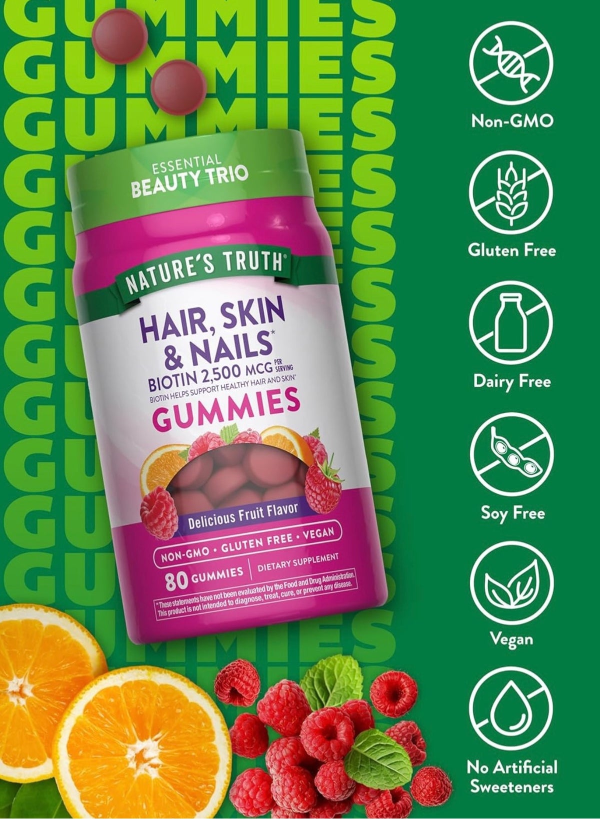 Hair, Skin Nails Gummies, Natural Fruit, 80 Vegan Gummies