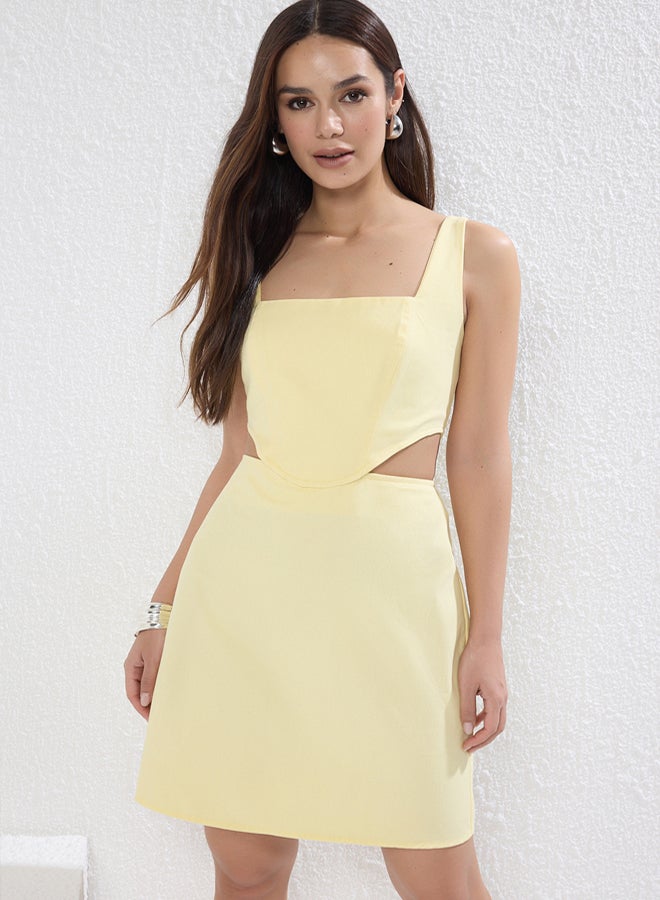 trendyol Butter Yellow ALine Mini Cotton Waist LowCut Square Collar Lined Woven Dress - Image 1
