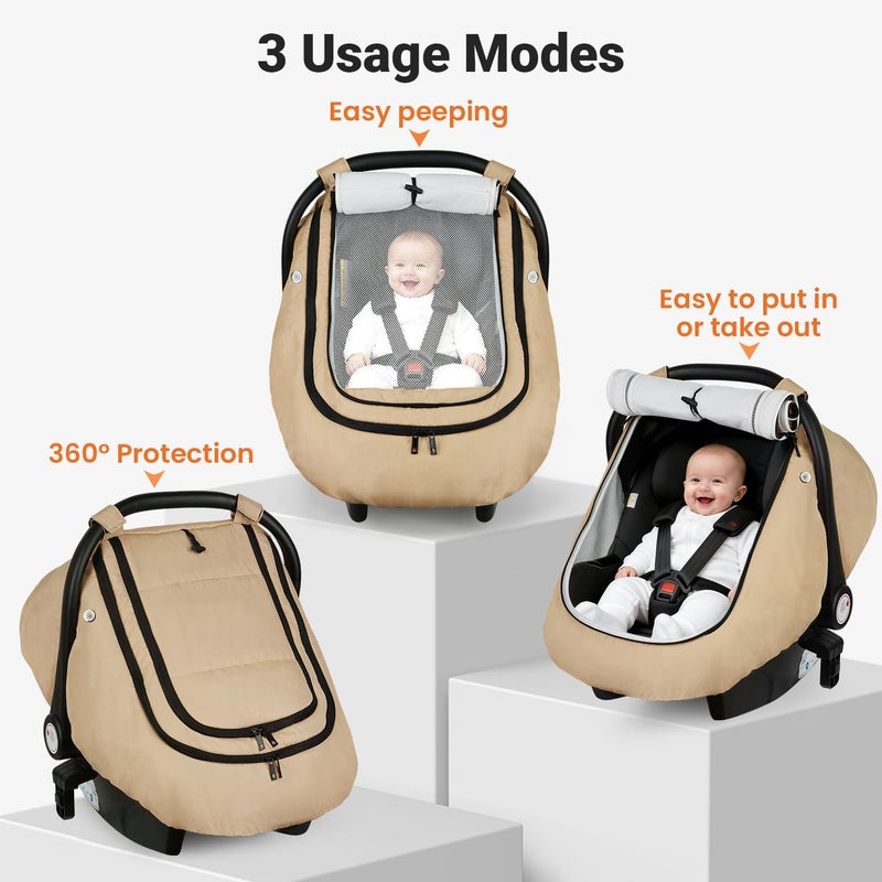 Rquite Car Seat Cover Baby, Winter Carseat Covers Boy Girl, Waterproof Infant Car Seat Cover Warm Car Seat Canopy for Cold Weather, Windproof Baby Carrier/Stroller Cover with 2 Layers Windows, Khak - Image 2