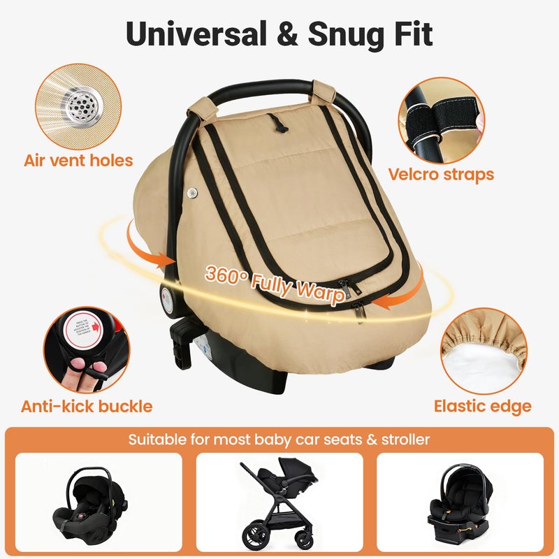 Rquite Car Seat Cover Baby, Winter Carseat Covers Boy Girl, Waterproof Infant Car Seat Cover Warm Car Seat Canopy for Cold Weather, Windproof Baby Carrier/Stroller Cover with 2 Layers Windows, Khak - Image 3
