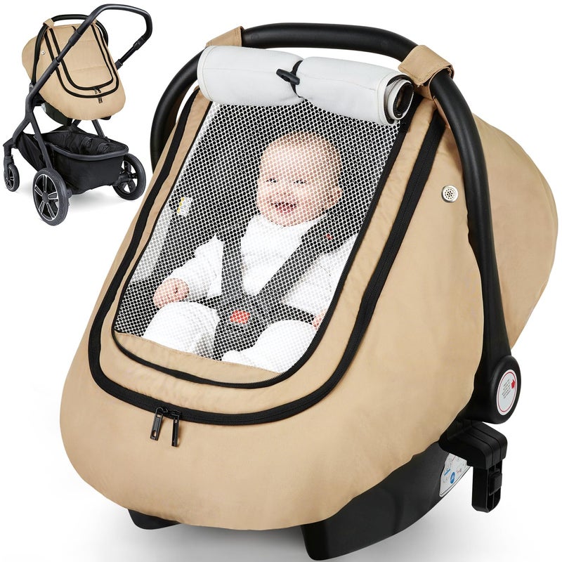 Rquite Car Seat Cover Baby, Winter Carseat Covers Boy Girl, Waterproof Infant Car Seat Cover Warm Car Seat Canopy for Cold Weather, Windproof Baby Carrier/Stroller Cover with 2 Layers Windows, Khak - Image 1