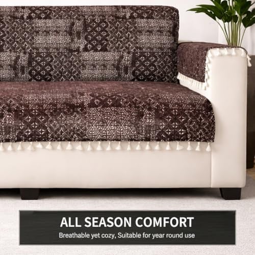 STITCHNEST 'Artisoul Series' Chenille Sofa Cover 3 Seater Fully Covered with 2 Hand Rest Covers | Premium Heavy Fabric, Washable & Fade Resistant | Brown Sofa Protector with Tassels | Size 70x60 Inch - Image 5