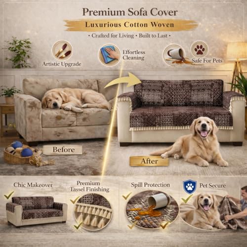 STITCHNEST 'Artisoul Series' Chenille Sofa Cover 3 Seater Fully Covered with 2 Hand Rest Covers | Premium Heavy Fabric, Washable & Fade Resistant | Brown Sofa Protector with Tassels | Size 70x60 Inch - Image 4