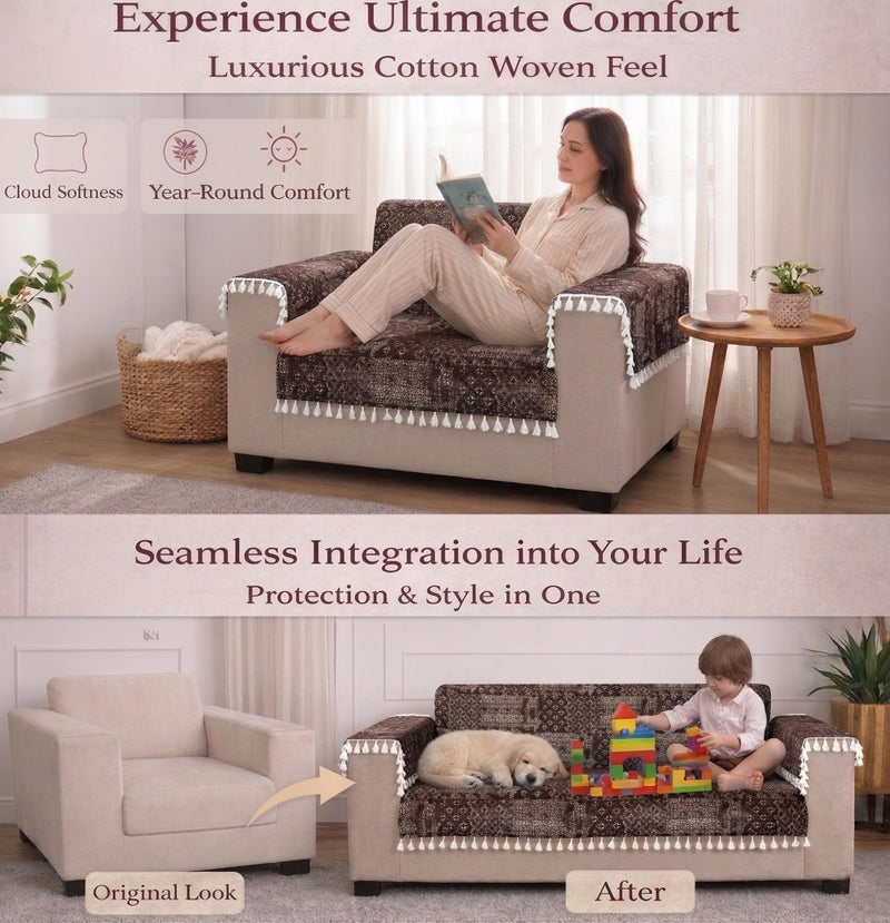 STITCHNEST 'Artisoul Series' Chenille Sofa Cover 3 Seater Fully Covered with 2 Hand Rest Covers | Premium Heavy Fabric, Washable & Fade Resistant | Brown Sofa Protector with Tassels | Size 70x60 Inch - Image 3