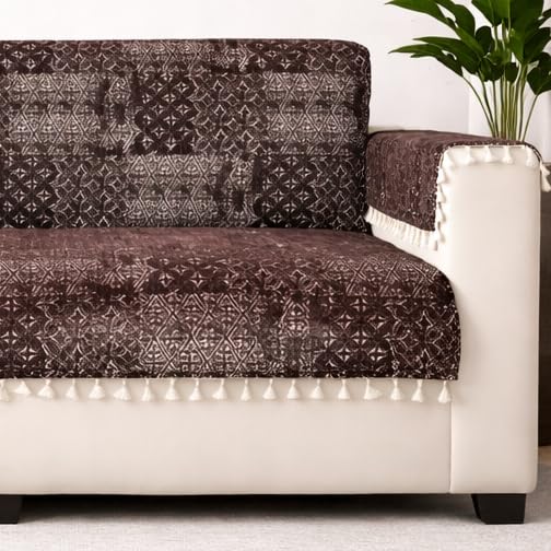 STITCHNEST 'Artisoul Series' Chenille Sofa Cover 3 Seater Fully Covered with 2 Hand Rest Covers | Premium Heavy Fabric, Washable & Fade Resistant | Brown Sofa Protector with Tassels | Size 70x60 Inch - Image 1
