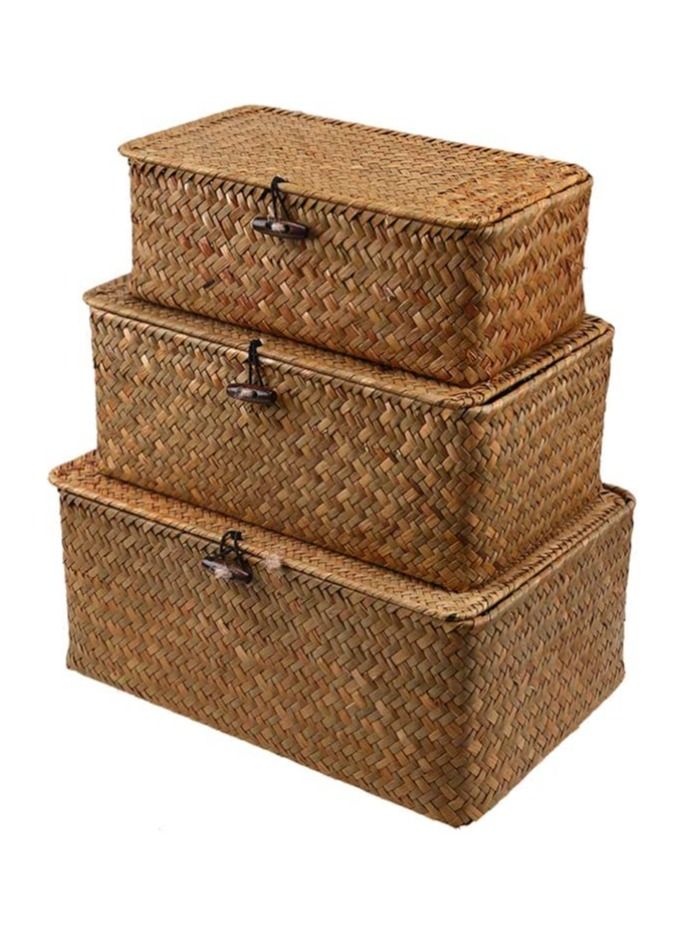 LINGWEI LINGWEI Handwoven Seagrass Storage Basket Wicker Storage Basket with Lids Natural Hand Woven Rattan Storage Box Household Organizer - Image 1