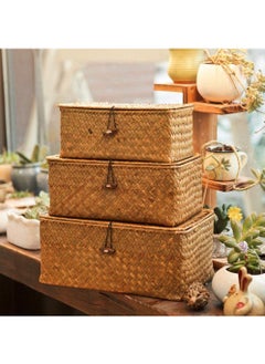 LINGWEI LINGWEI Handwoven Seagrass Storage Basket Wicker Storage Basket with Lids Natural Hand Woven Rattan Storage Box Household Organizer  - Image 2