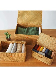 LINGWEI LINGWEI Handwoven Seagrass Storage Basket Wicker Storage Basket with Lids Natural Hand Woven Rattan Storage Box Household Organizer  - Image 3