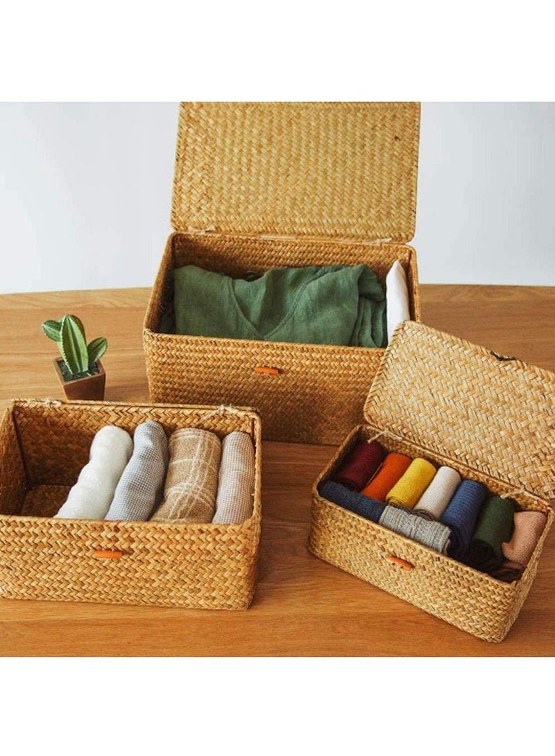 LINGWEI LINGWEI Handwoven Seagrass Storage Basket Wicker Storage Basket with Lids Natural Hand Woven Rattan Storage Box Household Organizer - Image 3