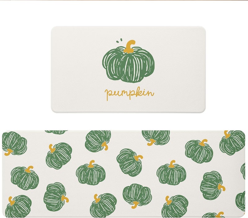 VivaNest Fall Autumn Hand-Drawn Green Pumpkin Cream Kitchen Rug Sets [2 PCs], Anti-Fatigue, Waterproof Non-Slip Kitchen Mats Heavy Duty Comfort Foam Rug for Kitchen, Floor, Laundry,17"x29"+17"x47" - Image 1