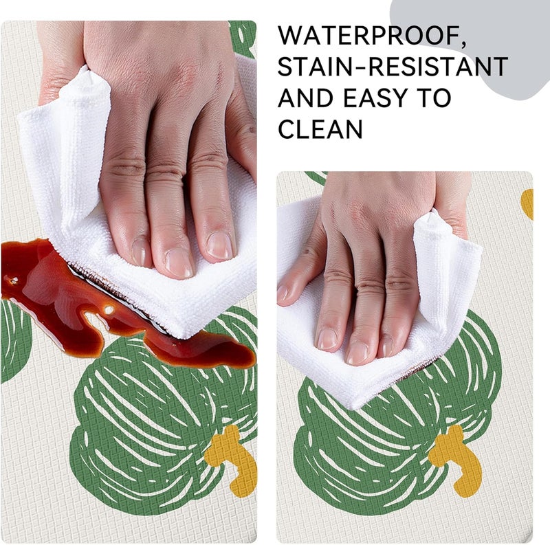 VivaNest Fall Autumn Hand-Drawn Green Pumpkin Cream Kitchen Rug Sets [2 PCs], Anti-Fatigue, Waterproof Non-Slip Kitchen Mats Heavy Duty Comfort Foam Rug for Kitchen, Floor, Laundry,17"x29"+17"x47" - Image 5