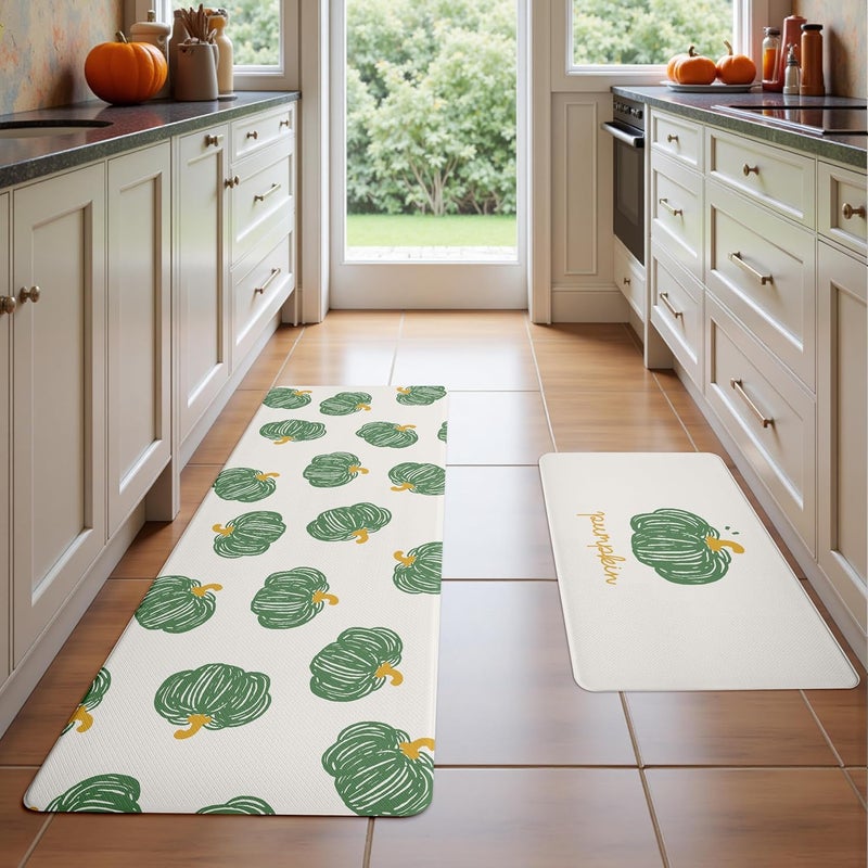 VivaNest Fall Autumn Hand-Drawn Green Pumpkin Cream Kitchen Rug Sets [2 PCs], Anti-Fatigue, Waterproof Non-Slip Kitchen Mats Heavy Duty Comfort Foam Rug for Kitchen, Floor, Laundry,17"x29"+17"x47" - Image 2