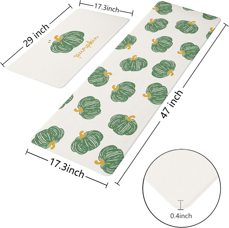 VivaNest Fall Autumn Hand-Drawn Green Pumpkin Cream Kitchen Rug Sets [2 PCs], Anti-Fatigue, Waterproof Non-Slip Kitchen Mats Heavy Duty Comfort Foam Rug for Kitchen, Floor, Laundry,17"x29"+17"x47" - Image 3
