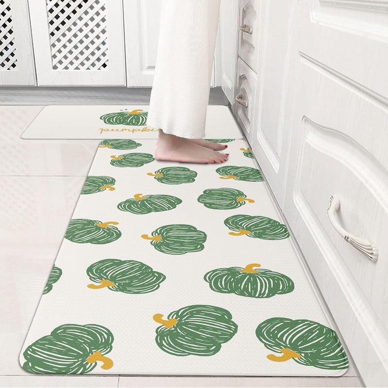 VivaNest Fall Autumn Hand-Drawn Green Pumpkin Cream Kitchen Rug Sets [2 PCs], Anti-Fatigue, Waterproof Non-Slip Kitchen Mats Heavy Duty Comfort Foam Rug for Kitchen, Floor, Laundry,17"x29"+17"x47" - Image 4