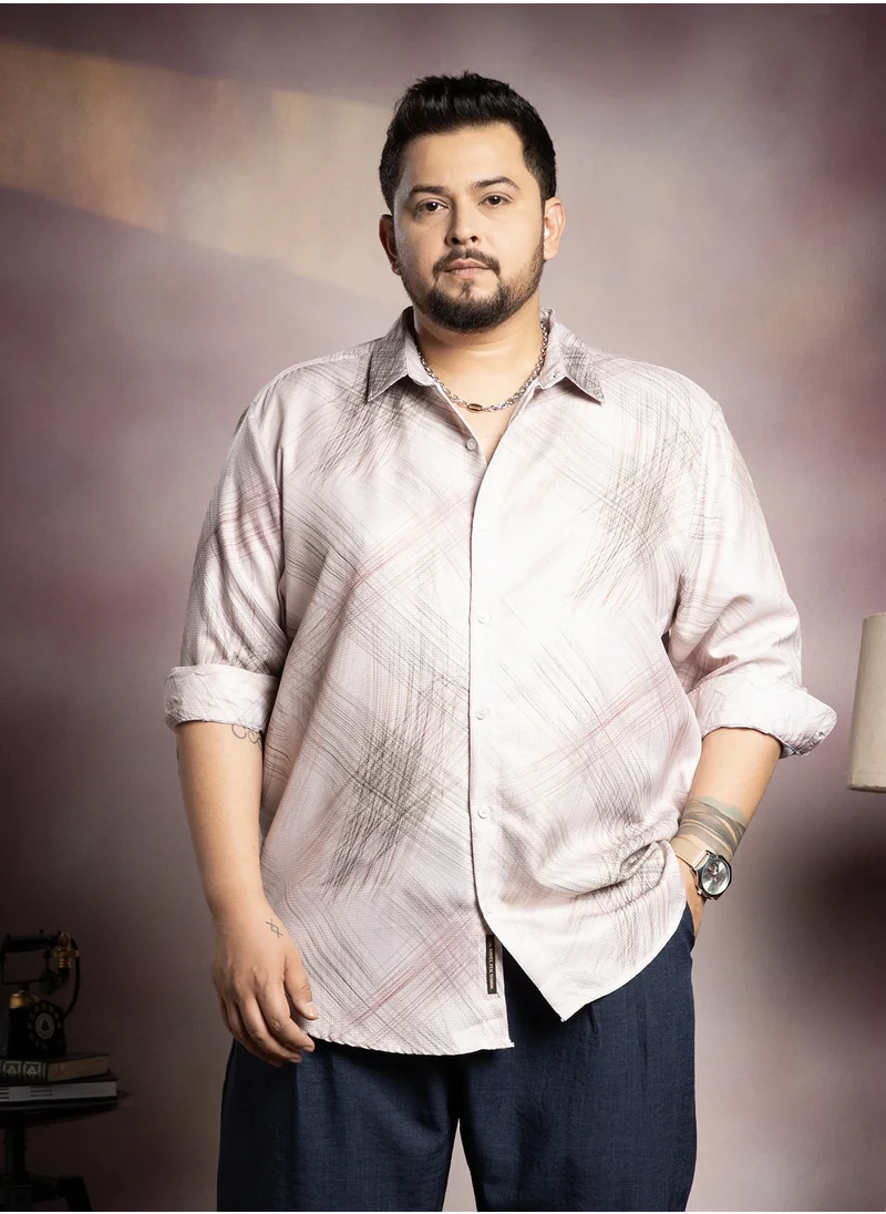 انستافاب بلس Instafab Plus Men's Saltbox Beige Beige Faded Strokes Shirt For Casual Wear | Spread Collar | Long Cuffed Sleeves | Button Closure | Plus Size Shirt Crafted With Comfort Fit For Everyday Wear