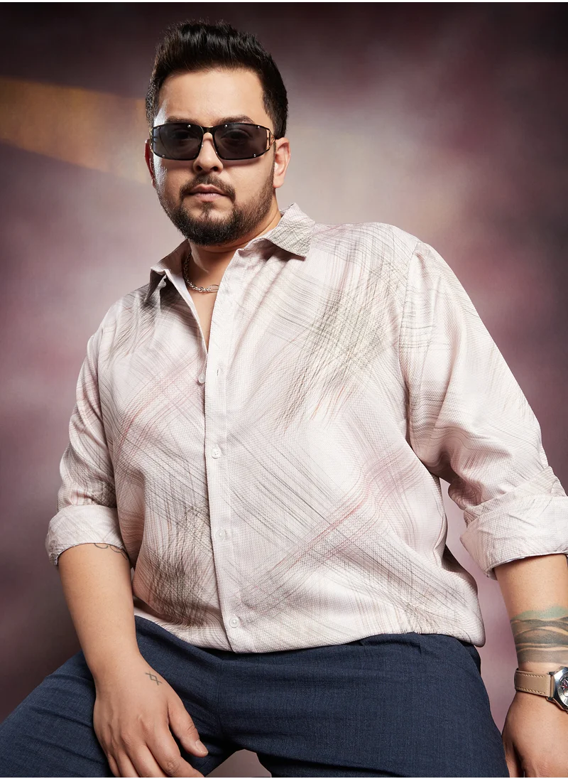 انستافاب بلس Instafab Plus Men's Saltbox Beige Beige Faded Strokes Shirt For Casual Wear | Spread Collar | Long Cuffed Sleeves | Button Closure | Plus Size Shirt Crafted With Comfort Fit For Everyday Wear