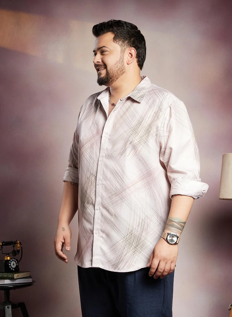 Instafab Plus Instafab Plus Men's Saltbox Beige Beige Faded Strokes Shirt For Casual Wear | Spread Collar | Long Cuffed Sleeves | Button Closure | Plus Size Shirt Crafted With Comfort Fit For Everyday Wear