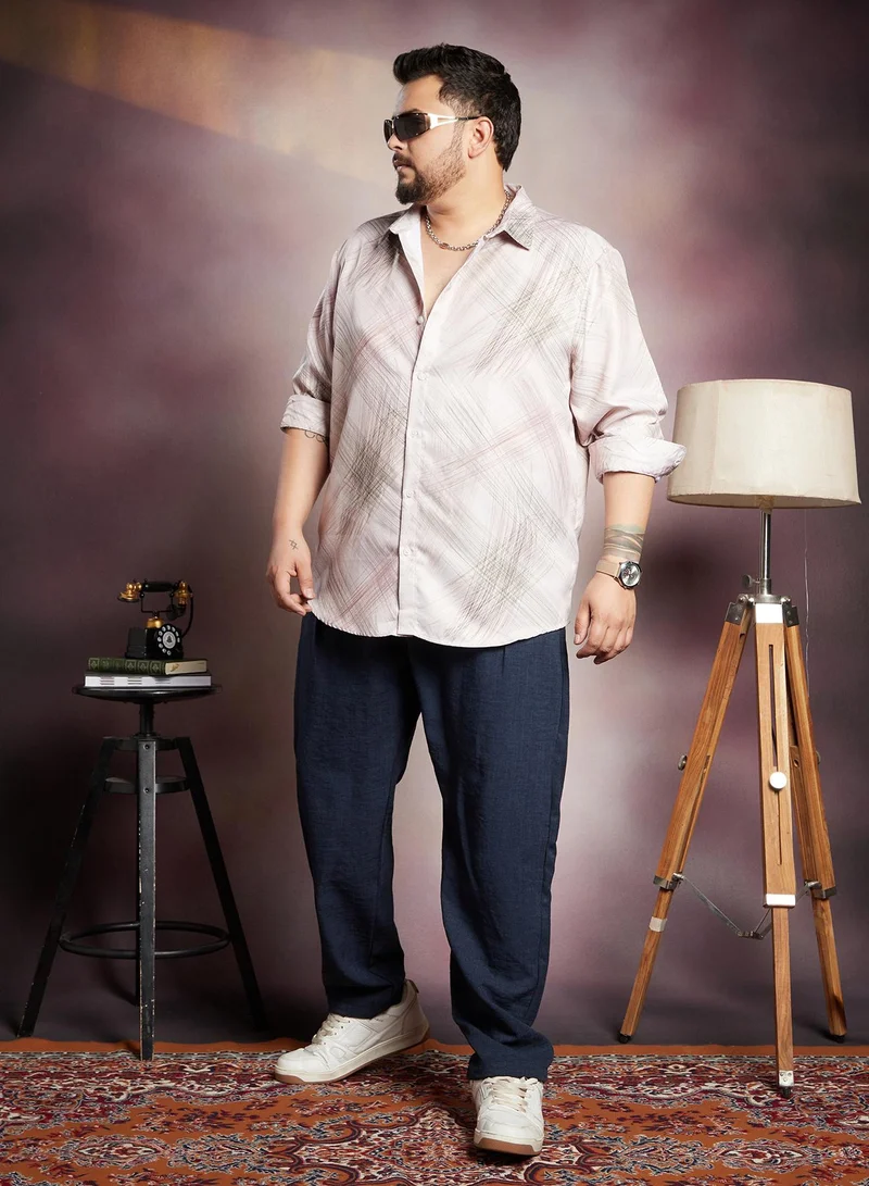 Instafab Plus Instafab Plus Men's Saltbox Beige Beige Faded Strokes Shirt For Casual Wear | Spread Collar | Long Cuffed Sleeves | Button Closure | Plus Size Shirt Crafted With Comfort Fit For Everyday Wear