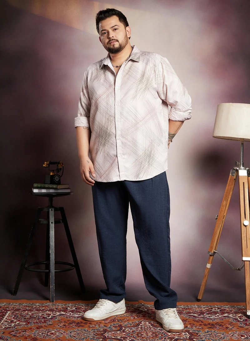 Instafab Plus Instafab Plus Men's Saltbox Beige Beige Faded Strokes Shirt For Casual Wear | Spread Collar | Long Cuffed Sleeves | Button Closure | Plus Size Shirt Crafted With Comfort Fit For Everyday Wear