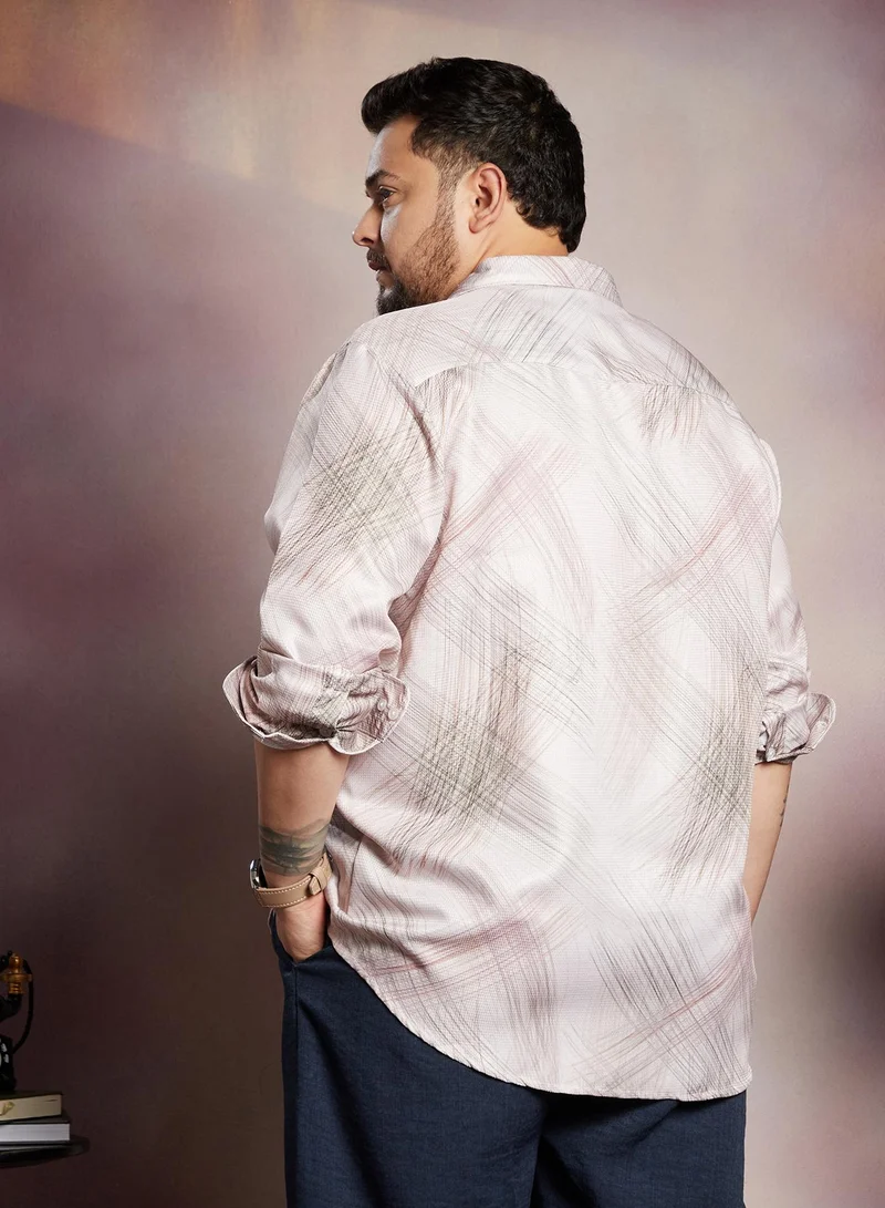 Instafab Plus Instafab Plus Men's Saltbox Beige Beige Faded Strokes Shirt For Casual Wear | Spread Collar | Long Cuffed Sleeves | Button Closure | Plus Size Shirt Crafted With Comfort Fit For Everyday Wear