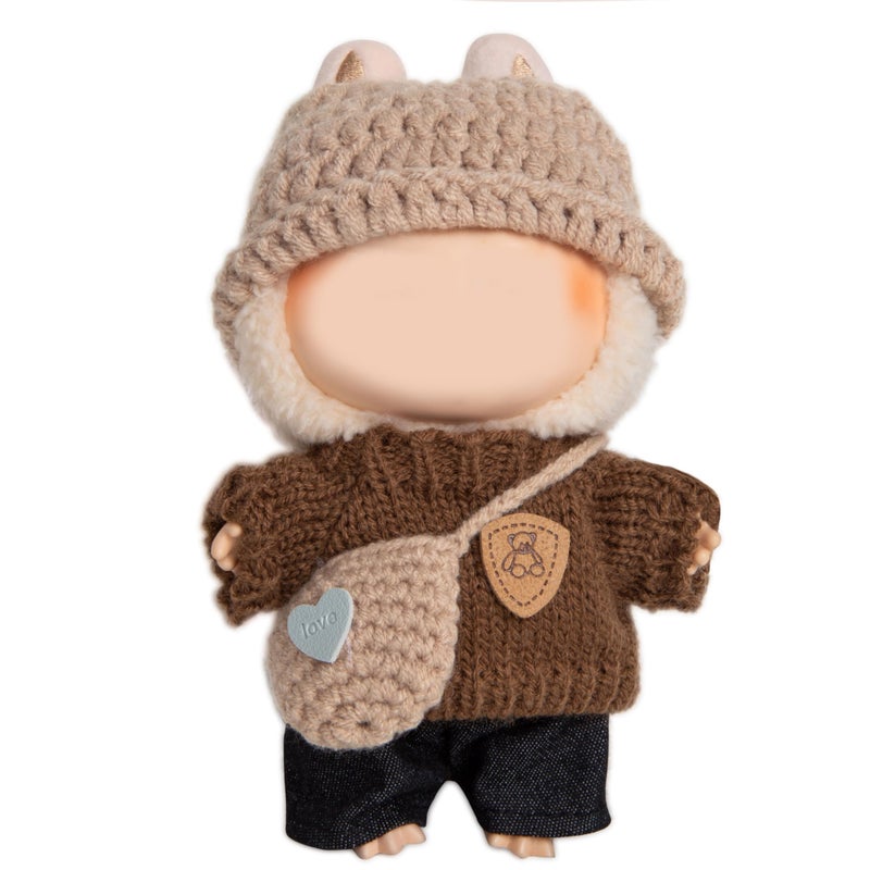 CHICHO 17cm Doll Clothing for Labubu Kawaii Chic Style Set for 17cm Dolls Premium Doll Outfit with Accessories Khaki Wool Hat Brown Romper Black Jeans Khaki Bag Clothes Only - Image 3