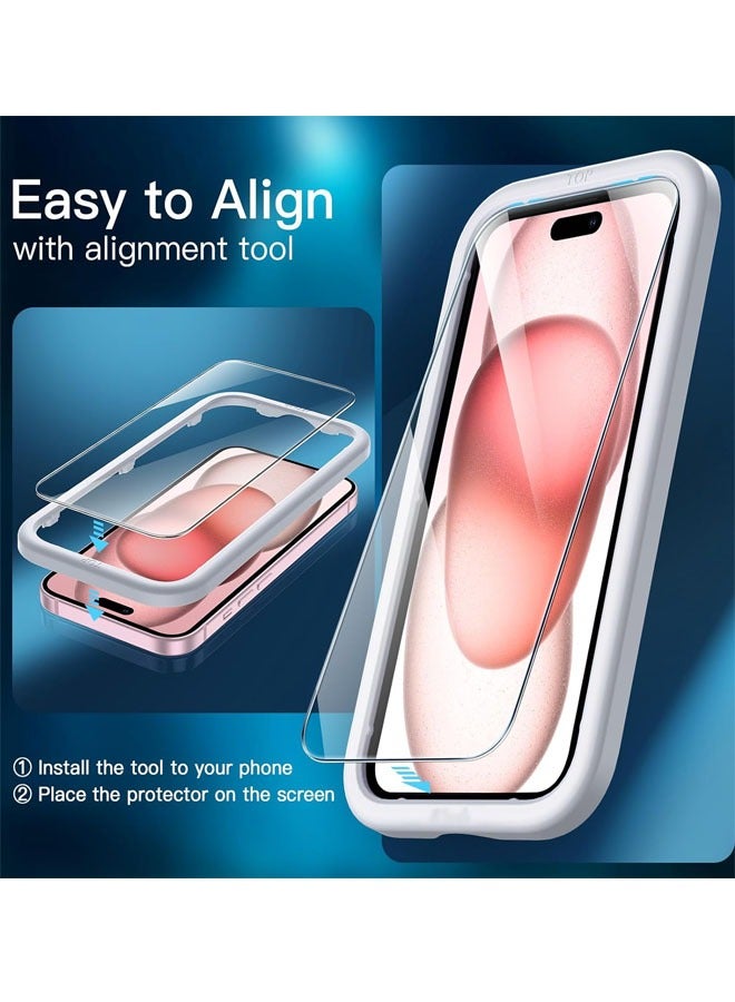 KASTWAVE 3 Pack Screen Protector For Iphone 15 6.1 Inch,Including Three Protectors,Stickers,Frame,Wet And Dry Wipes,Case Friendly,HD Bubble Free Hard Tempered Glass Protective Film  - Image 3