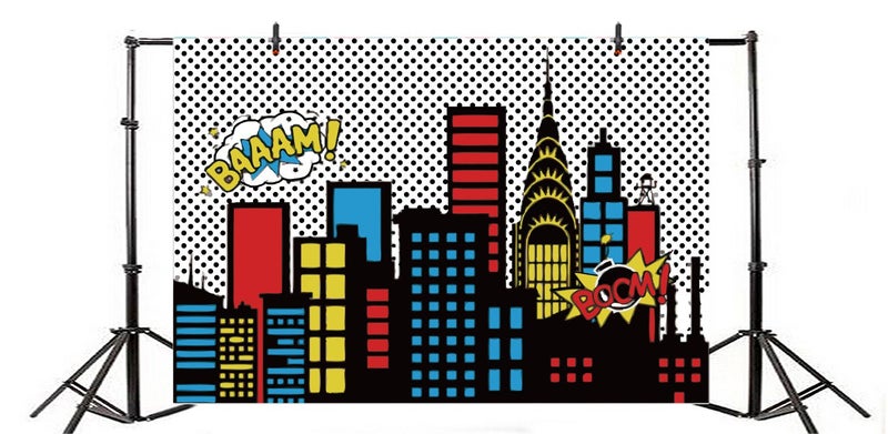 Yeele 7x5ft Cartoon Comic Super Hero City Photography Backdrop Vinyl Humor Abstract Superhero Baby Shower Photo Background for Girl Birthday Party Photo Video Shoot Studio Prop Wallpaper - Image 1