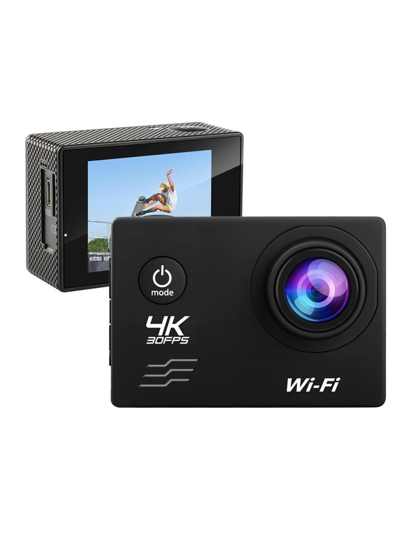 ACTION Action Camera, 4K 30Fps Waterproof Sports Camera, Wide Angle Lens Video Camera With Loop Recording, Easy To Carry Portable Outdoor Photography Camera, (1pc, Black)  - Image 1