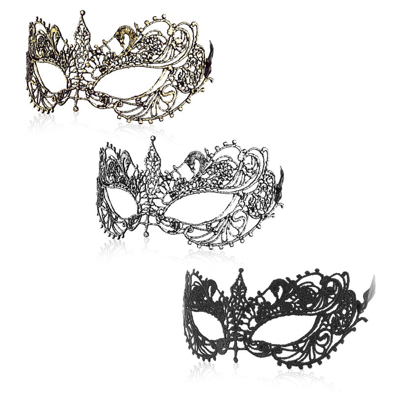 WLLHYF 3 Pieces Adult Masquerade Mask Mysterious Fun Lace Masks for Couples Women Men Lace Headpiece Disguise for Costumes Party Ball Prom Cosplay Photo Shoot (Black/Gold/Silver) - Image 1