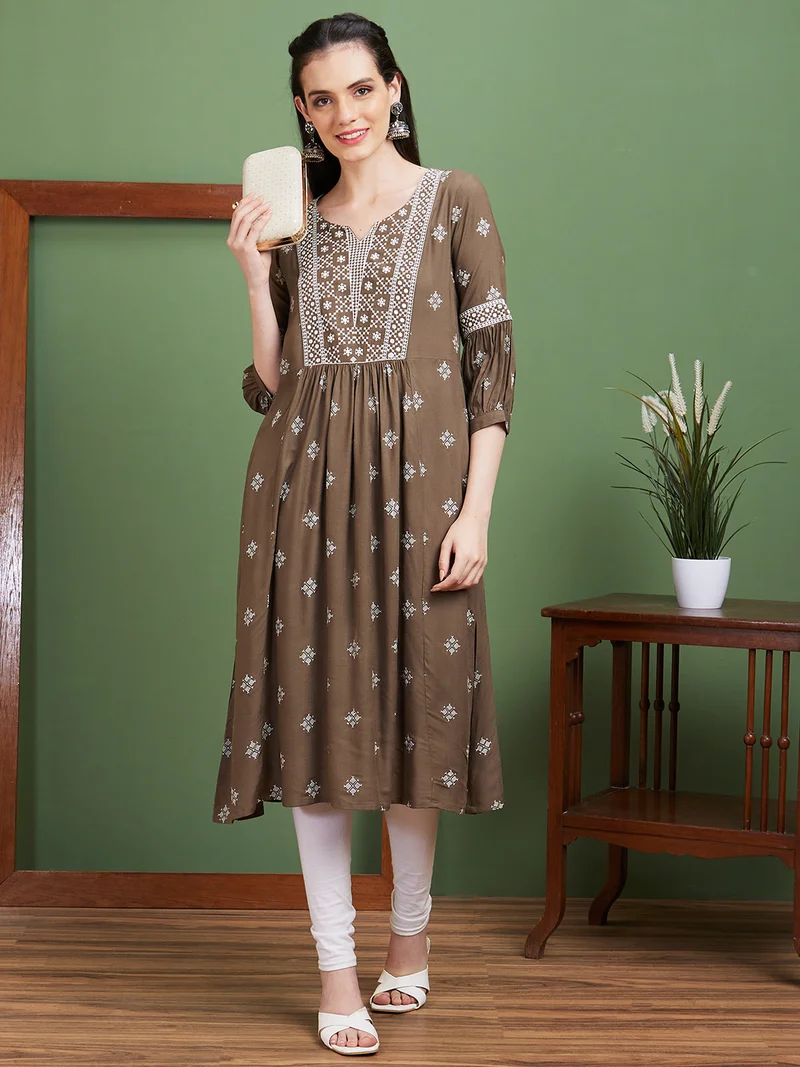 Women Taupe Ethnic Motifs Embroidered Thread Work Anarkali Kurta