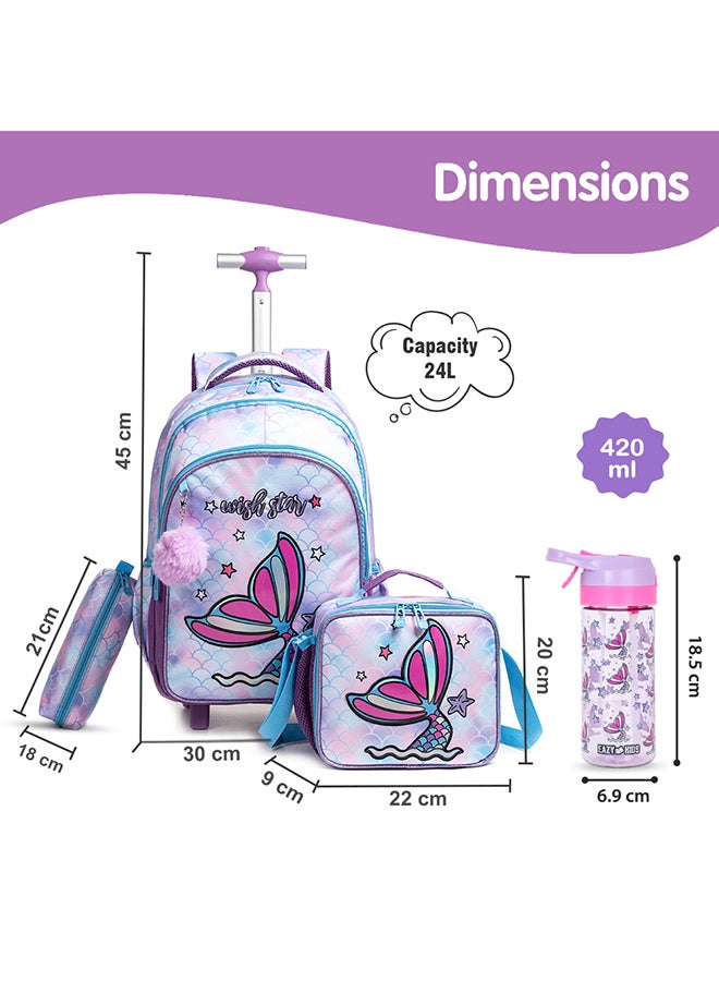 18Inch Set Of 4 Trolley School Bag With Tritan 420Ml Water Bottle Lunch Bag And Pencil Case - Mermaid Purple