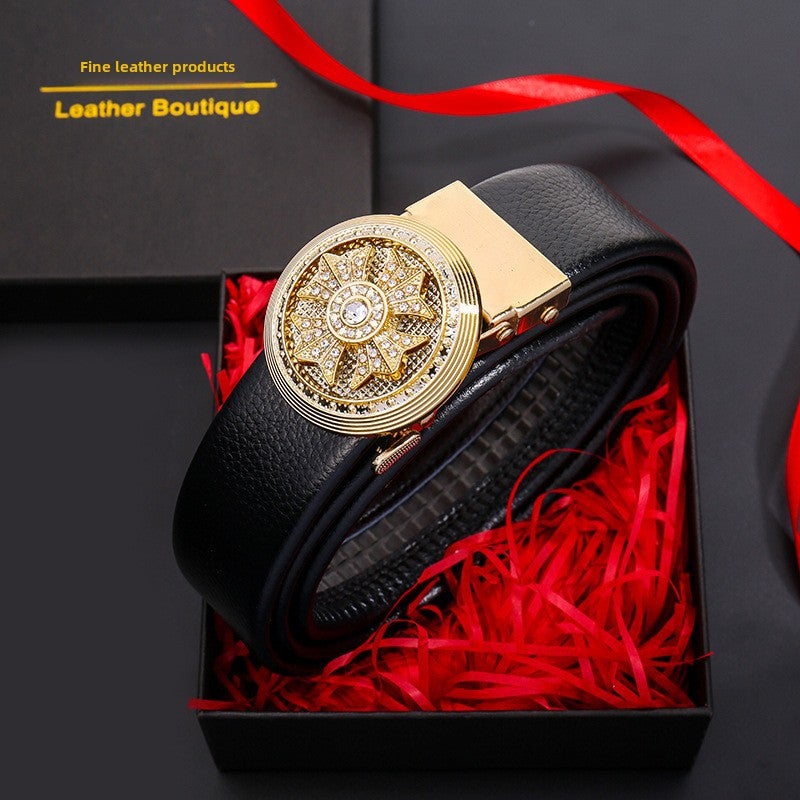 Diamond-encrusted time-to-time operation Belt Mens automatic buckle trembles live explosion casual Joker business Belt manufacturers Round Gold Time to Run with Full Edge Band-B