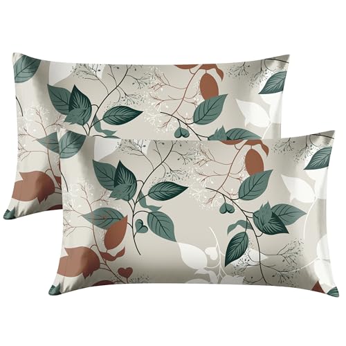 EXQ Home Satin Pillowcase for Hair and Skin Queen Printed Green Leaves Silk Pillow Cases 2 Pack 20x30 inches Satin Pillow Cases Set of 2 with Envelope Closure Gifts for Women Men - Image 1