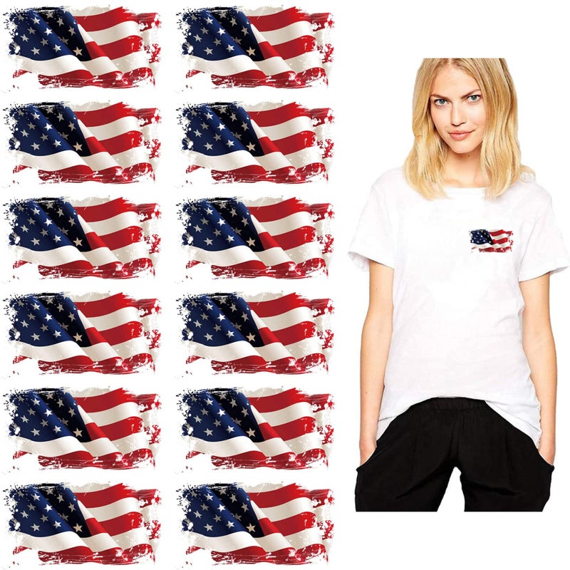USA Flag Iron on Patches Heat Transfers Apppliques American Stickers Decals 12Pcs Patriotic Uniform Vest Jacket TShirt Backpack Hat Clothing DIY Decorations Appliques USA Flag