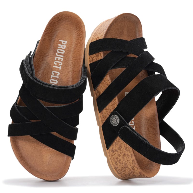 Project Cloud 100% Genuine Leather Platform Sandals Women â€“ Strappy Wedges with Comfortable Plush Insole â€“ Lightweight & Non Slip Wedge Sandals for Women 2026 (Pacifica,BLKSDE,9) Black Suede - Image 1