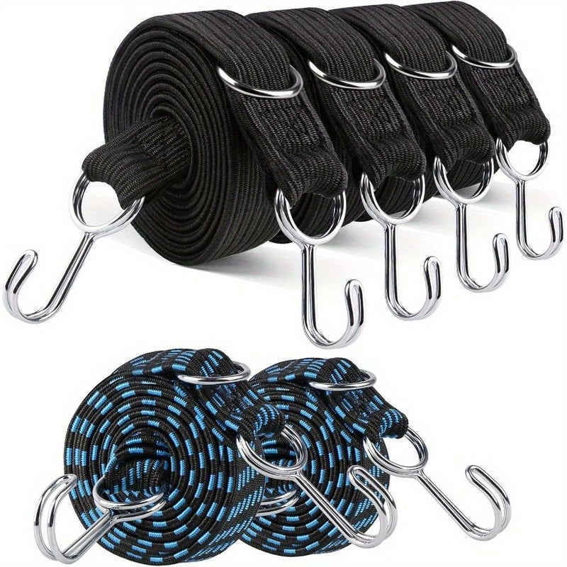 6Pcs Heavy Duty Bungee Cords with Hooks Extra Long Black and Blue Flat Rubber Elastic Straps - Image 1