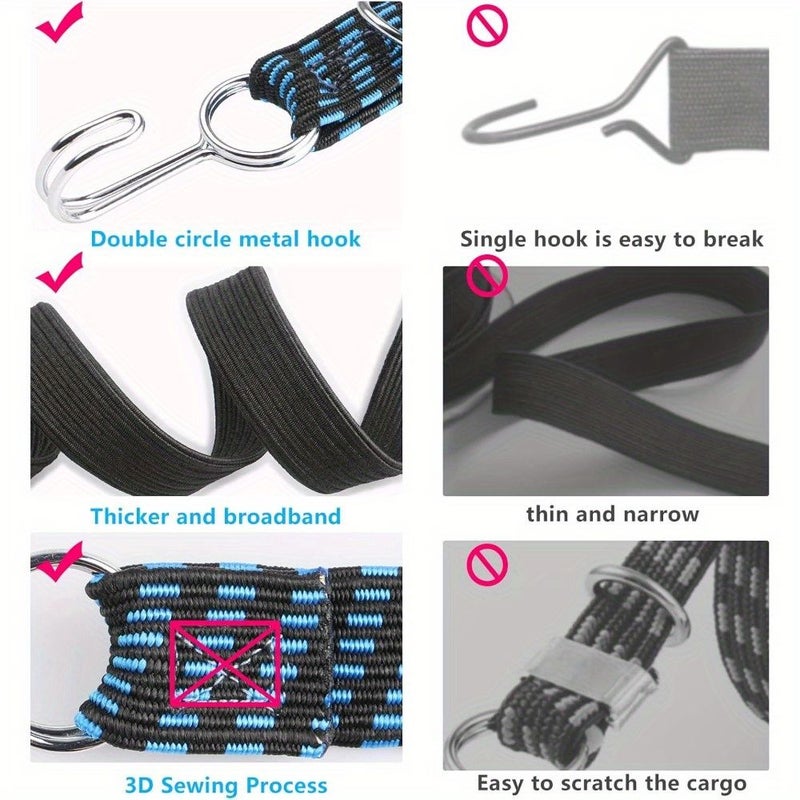 6Pcs Heavy Duty Bungee Cords with Hooks Extra Long Black and Blue Flat Rubber Elastic Straps - Image 5