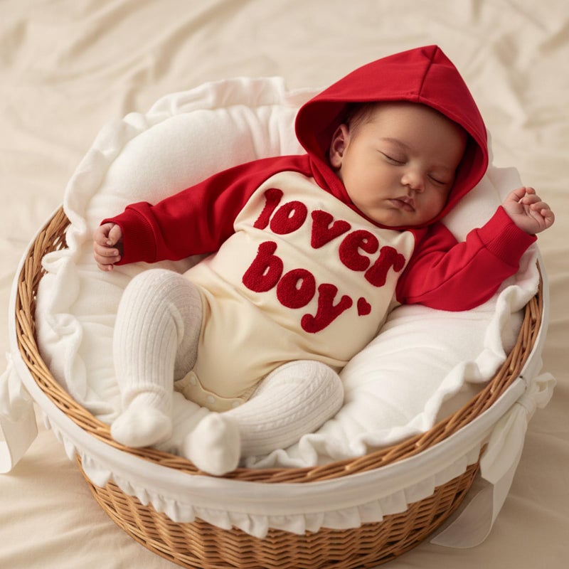 Thorn Tree Baby Boy Valentines Outfit Hooded Sweatshirt Bubble Romper Newborn Sweater Infant Onesie Hoodie (Red, 18-24 Months) - Image 2
