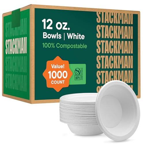 Stack Man 100 Compostable Paper Bowls 12 oz 1000 Count HeavyDuty Soup Bowls Natural White Color Unbleached Bagasse Bowls EcoFriendly Disposable Biodegradable Sugarcane Bulk Case 8 x 125 Pack - Image 2