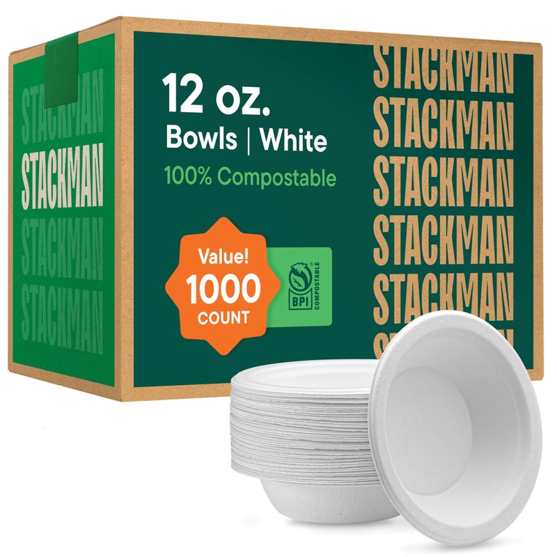 Stack Man 100 Compostable Paper Bowls 12 oz 1000 Count HeavyDuty Soup Bowls Natural White Color Unbleached Bagasse Bowls EcoFriendly Disposable Biodegradable Sugarcane Bulk Case 8 x 125 Pack - Image 3