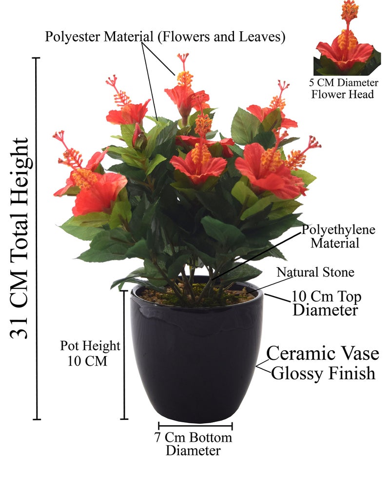Fourwalls Artificial Hibiscus Flower Bonsai Plant in a Ceramic Vase for Home and Office Decor (31 cm Tall, Red) - Image 2