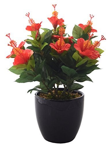 Fourwalls Artificial Hibiscus Flower Bonsai Plant in a Ceramic Vase for Home and Office Decor (31 cm Tall, Red) - Image 3