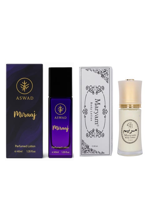 ASWAD Miraj Perfumed Lotion 40ml + Maryam Long-Lasting Body Lotion 40ml Combo Set