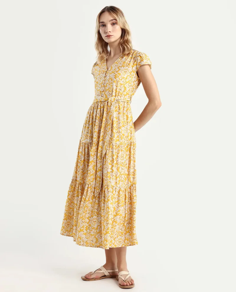 Rareism Women's Floral Midi Tier Dress