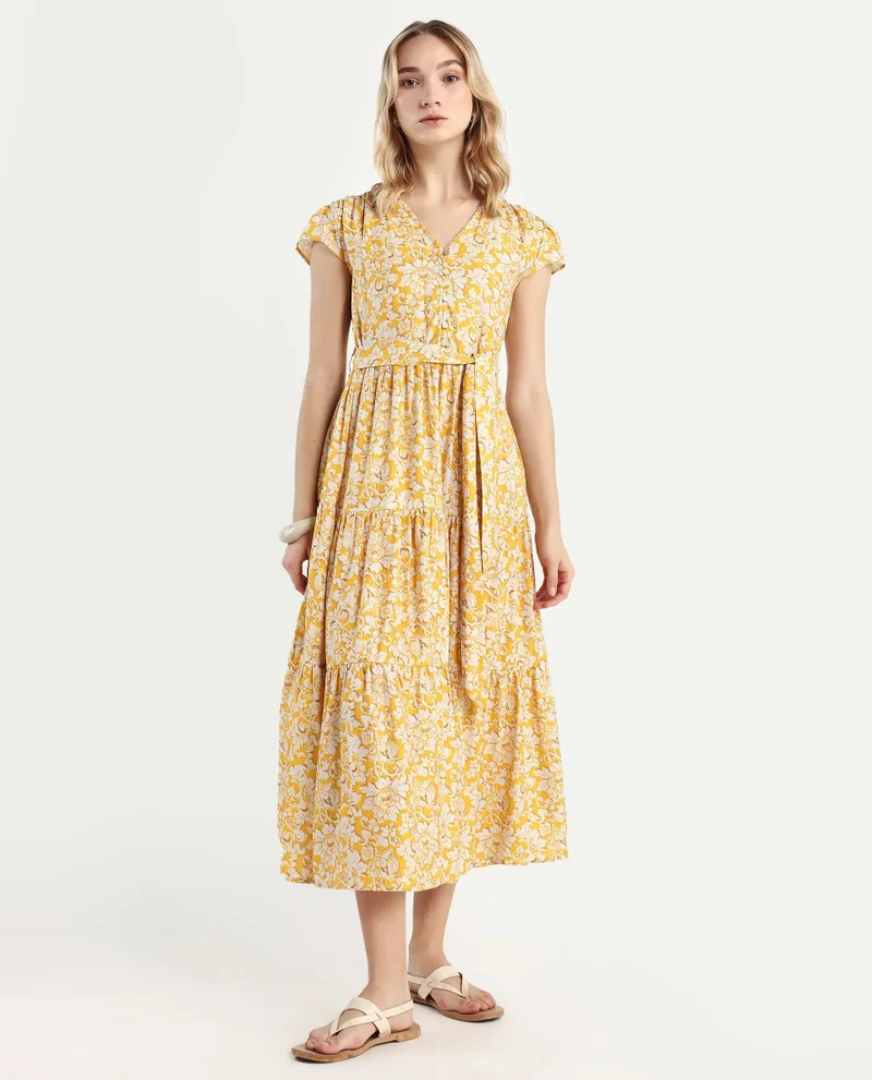 Rareism Women's Floral Midi Tier Dress