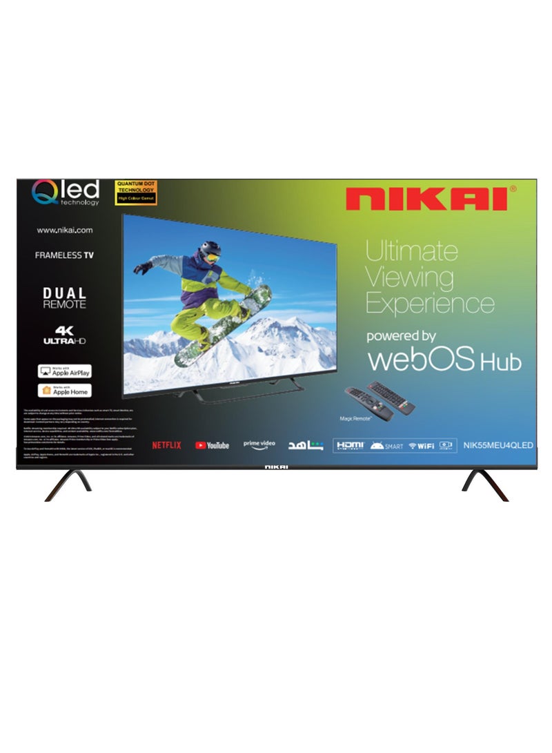 NIKAI 55 Inch QLED WebOS 4K Smart UHD TV, Hands-Free Voice Control, Dolby Digital, Built-in Wi-Fi, Bluetooth, High Colour Gamut, Effortless Connectivity With Android & Apple Devices, 60Hz, Model 2024, 2 Year Warranty, NIK55MEU4QLED Black