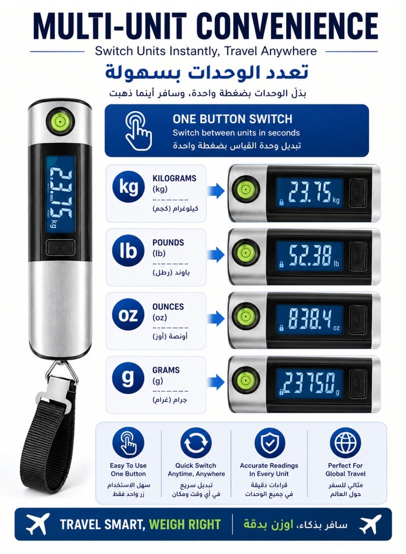 موندا ميزان أمتعة رقمي مزود بشريط قياس بطول 1 متر، سعة 50 كجم (بوحدات: كجم، رطل، أونصة)، جهاز قياس وزن عالي الدقة للسفر، شاشة LCD، مؤشر تسوية (فقاعة)، تنبيه الوزن الزائد؛ للاستخدام في السفر والمنزل والمطبخ والمتاجر - فضي - Image 4