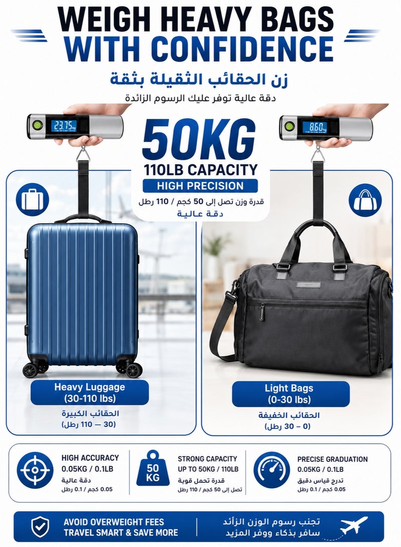 موندا ميزان أمتعة رقمي مزود بشريط قياس بطول 1 متر، سعة 50 كجم (بوحدات: كجم، رطل، أونصة)، جهاز قياس وزن عالي الدقة للسفر، شاشة LCD، مؤشر تسوية (فقاعة)، تنبيه الوزن الزائد؛ للاستخدام في السفر والمنزل والمطبخ والمتاجر - فضي - Image 2